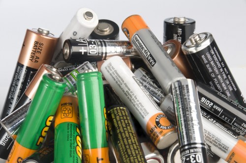 A close-up of a collection of various used batteries, including AA, AAA, and other cylindrical types, scattered on a flat surface. The batteries display a range of colors, such as silver, black, green, orange, and white, with some having visible brand labels and specifications. The textures vary from smooth and shiny metallic surfaces to matte plastic finishes. Several batteries are stacked or leaning against each other, with some showing signs of wear or slight corrosion around the terminals. The background is plain and neutral, emphasizing the batteries' assortment. This image is relevant to waste management and rubbish removal services provided by Commercial Waste Guildford, highlighting the importance of proper disposal of electronic waste in the Guildford area, postcodes GU1-GU4, close to the town center and surrounding residential and commercial properties.